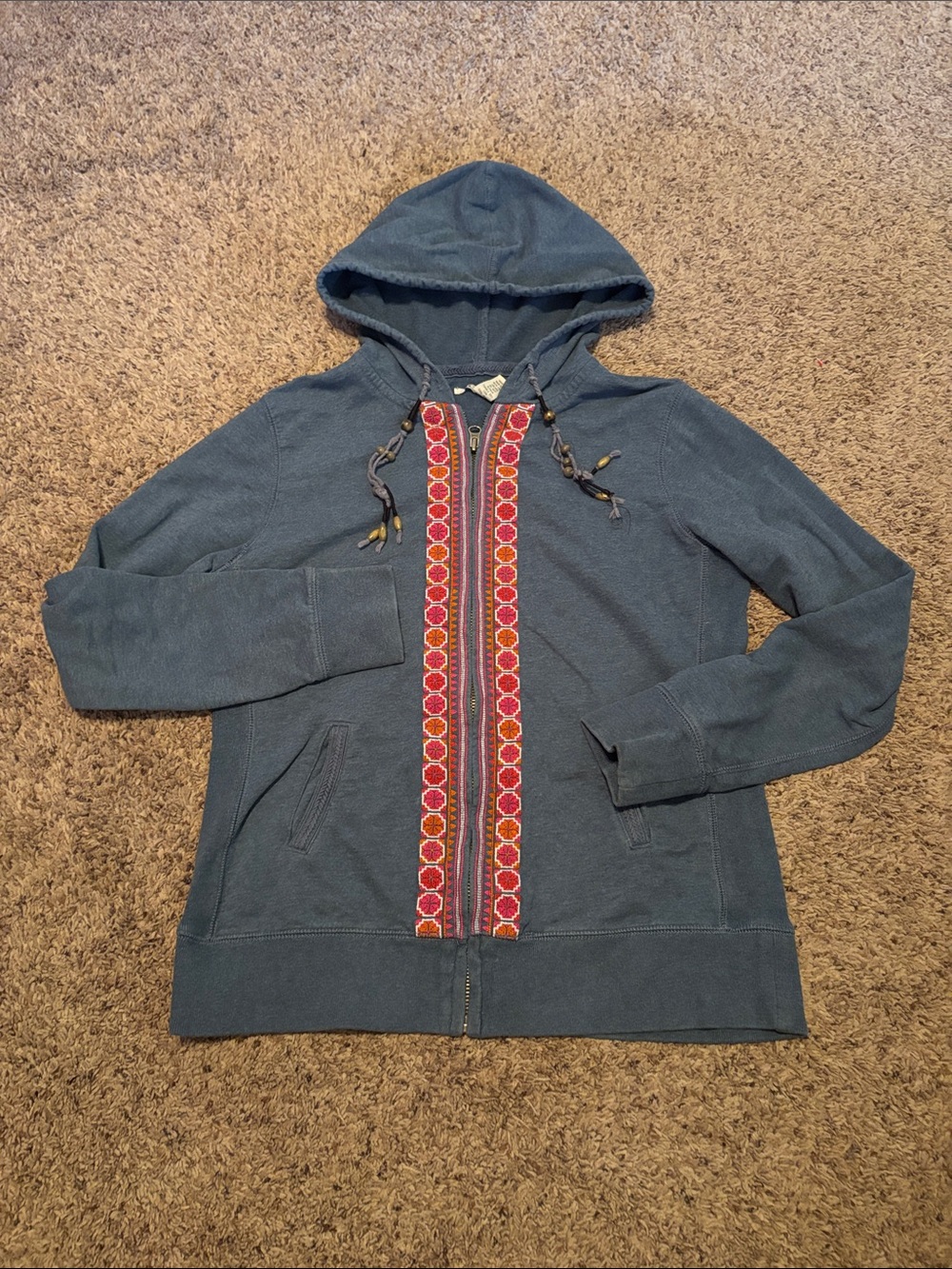 Lucky Brand Blue Hooded Zip Jacket Embroidered Trim L